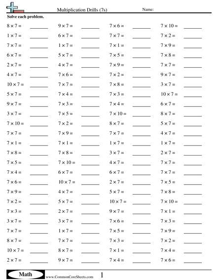7s (horizontal) Worksheet - Multiplication Drills (7s) worksheet